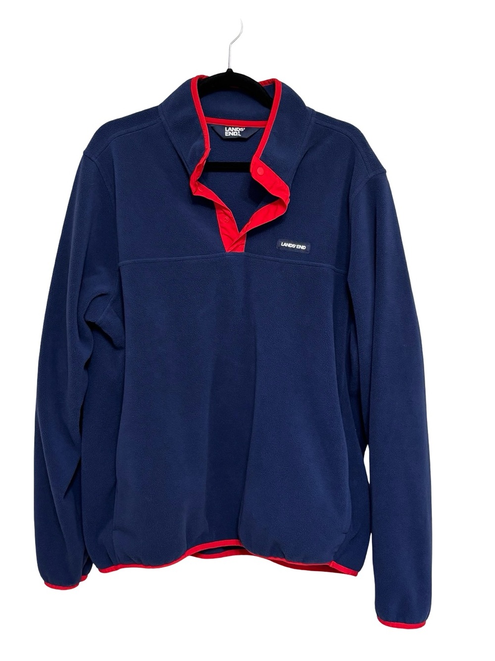 Lands End Men’s T-Snap Fleece Pullover in Navy Blue with Red Trim - Size L - Picture 2 of 8